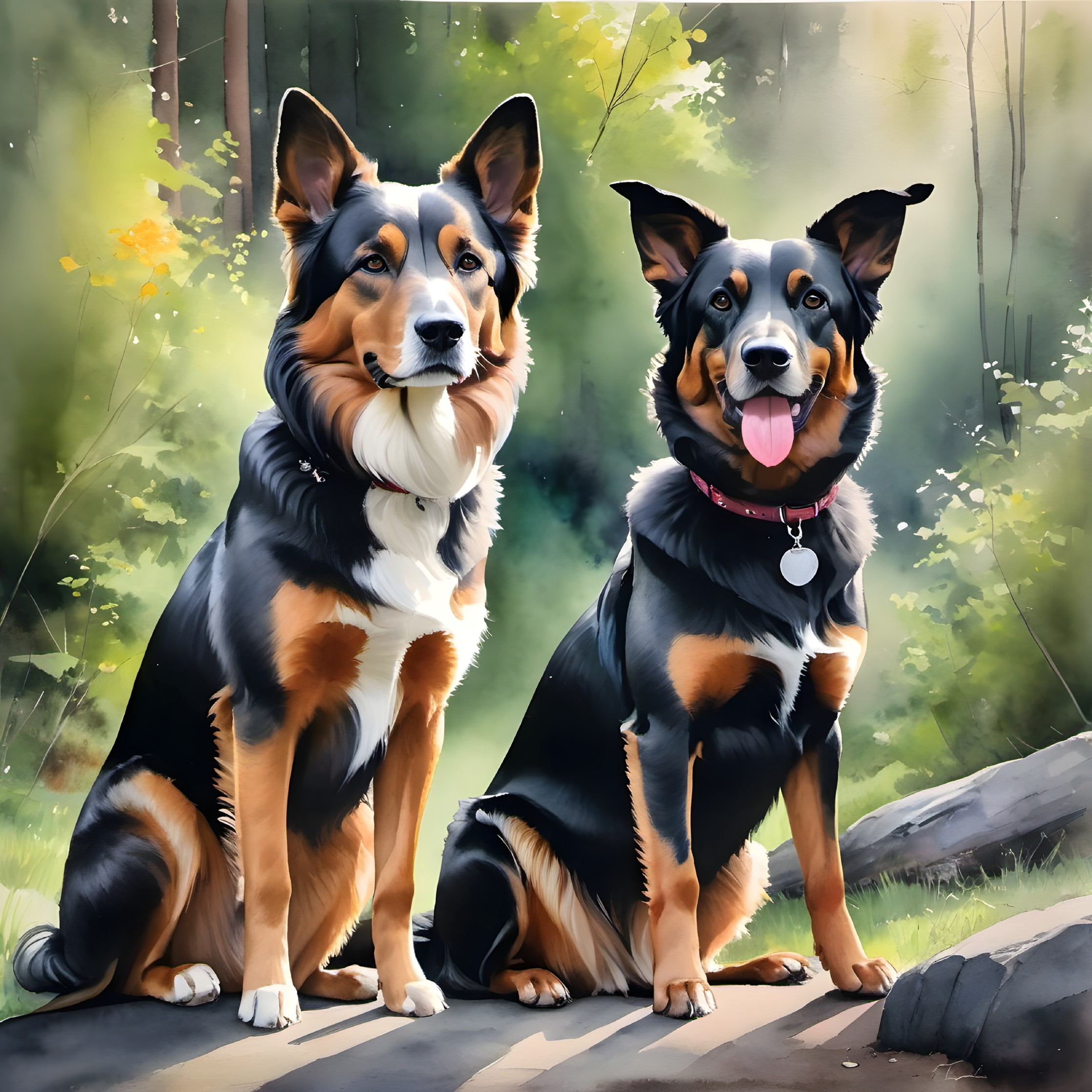 Tricolor Dogs Sitting Outdoors in Sunlit Setting