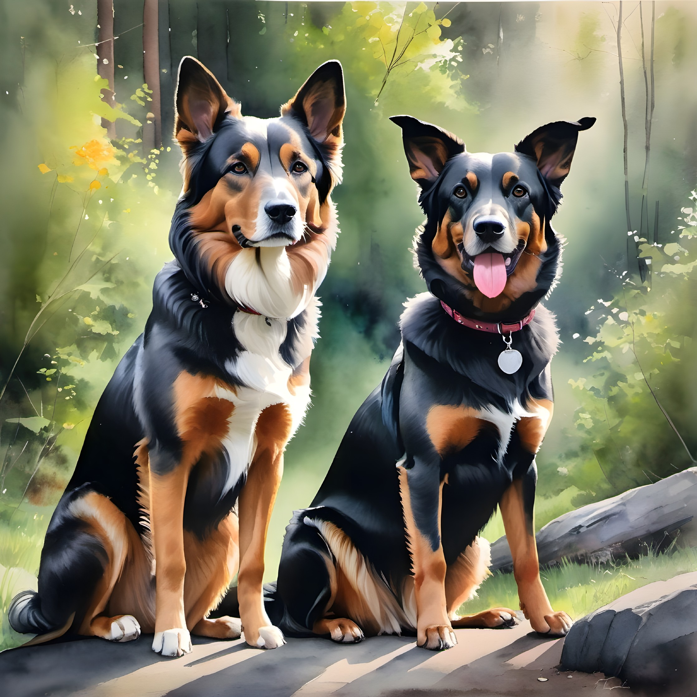 Watercolor ink charcoal painting of 2 dogs