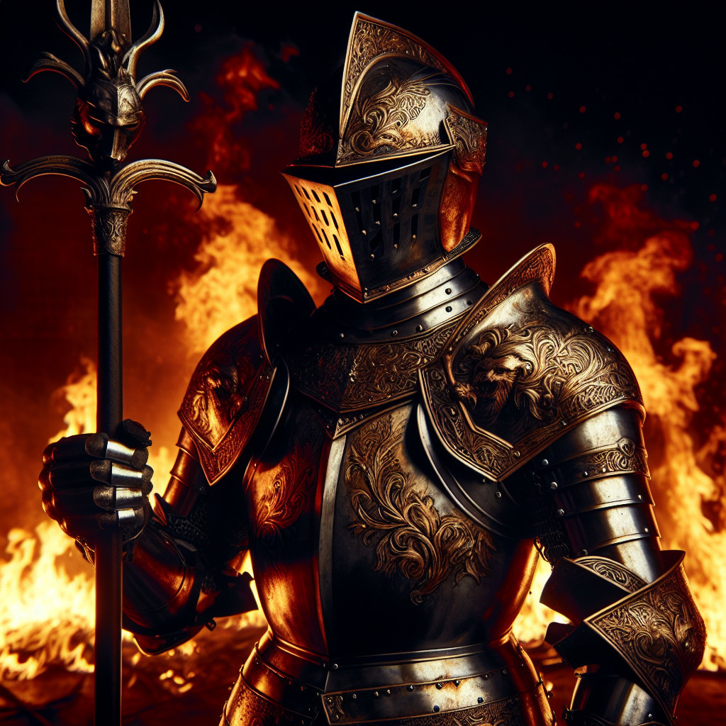 Knight in Ornate Armor Against Fiery Backdrop