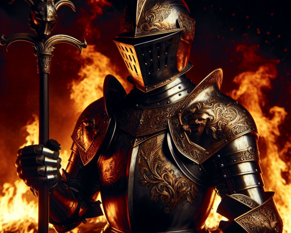 Knight in Ornate Armor Against Fiery Backdrop