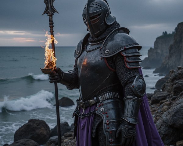 Fierce Knight in Dark Armor on Rocky Beach Scene
