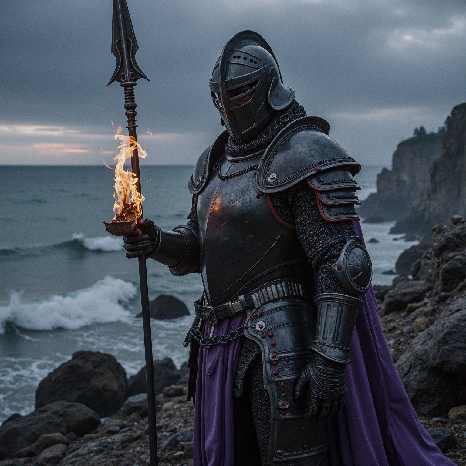 Fierce Knight in Dark Armor on Rocky Beach Scene