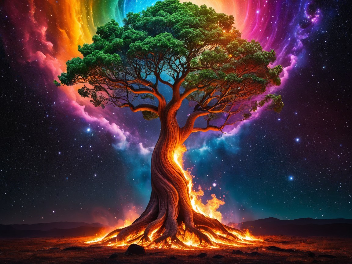 Majestic tree with cosmic backdrop and vibrant flames