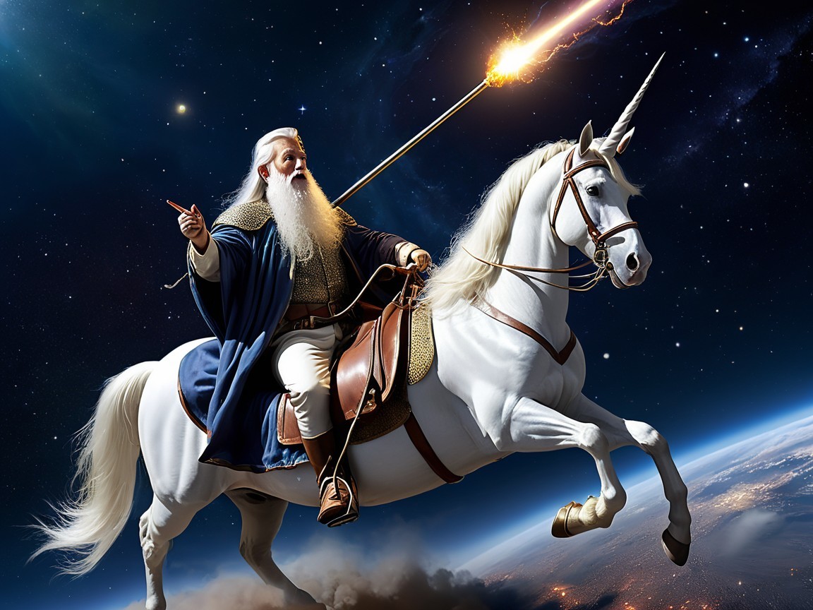 Wizard on Unicorn in Starry Cosmic Landscape