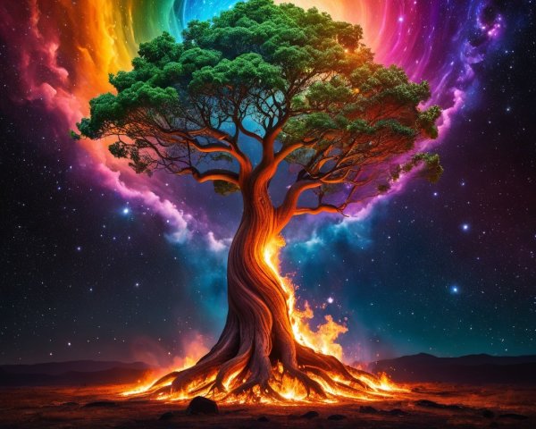 Majestic tree with cosmic backdrop and vibrant flames