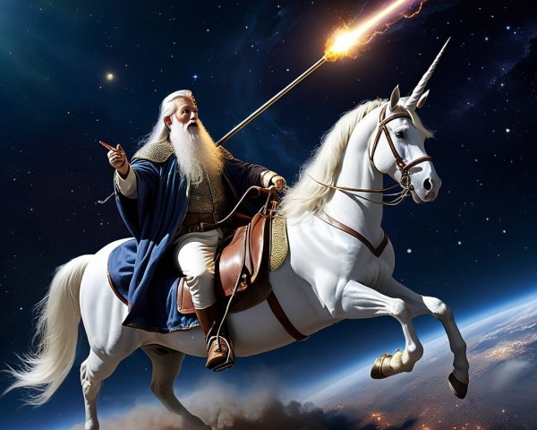 Wizard on Unicorn in Starry Cosmic Landscape