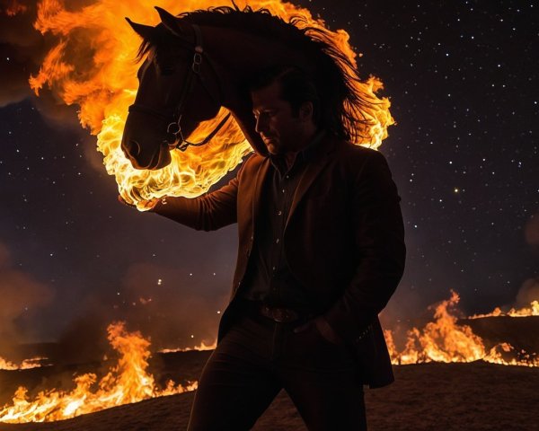 Nighttime Scene with Figure and Flaming Horse Head