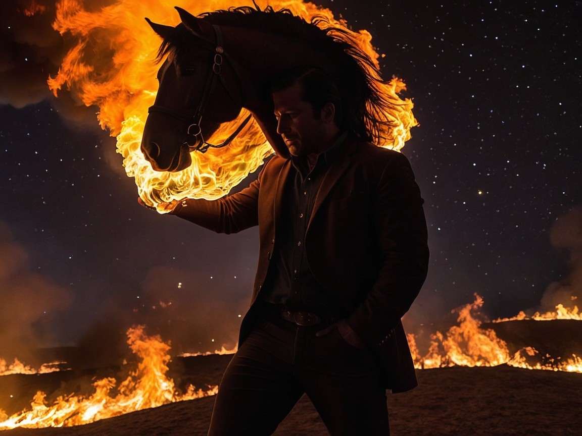 Nighttime Scene with Figure and Flaming Horse Head