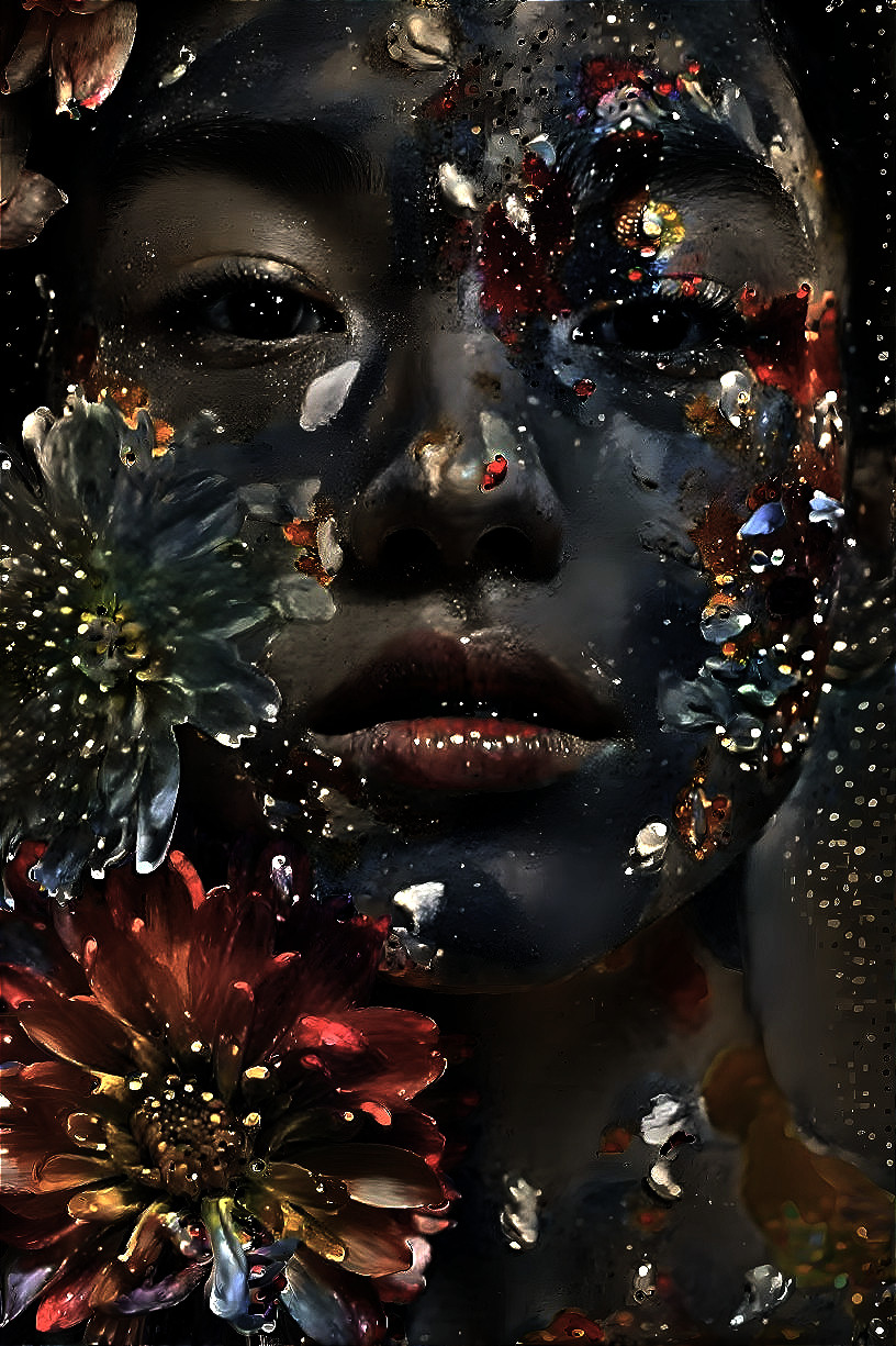 Close-up of a face with floral patterns and dark skin