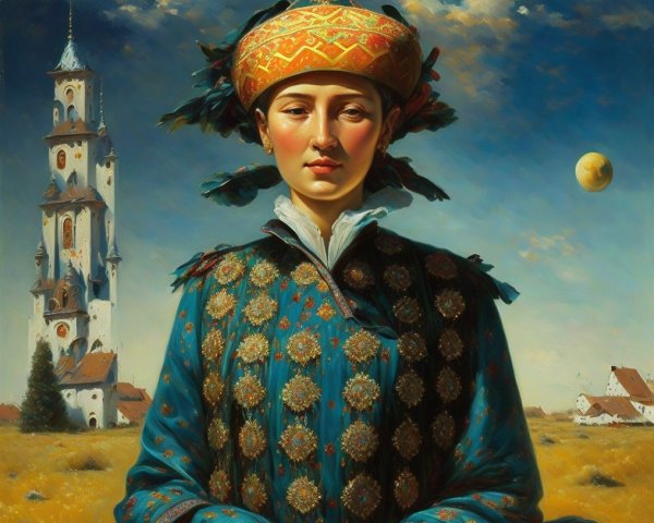 Traditional Attire Woman with Church Tower and Balloon Landscape