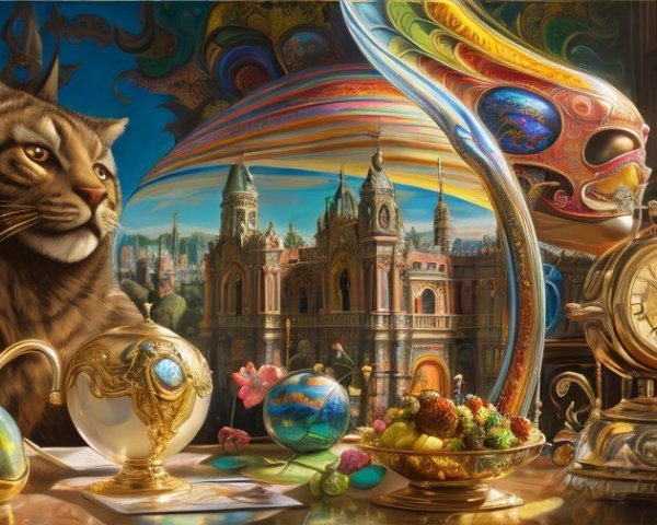 Surreal painting: Giant cat in fantastical landscape