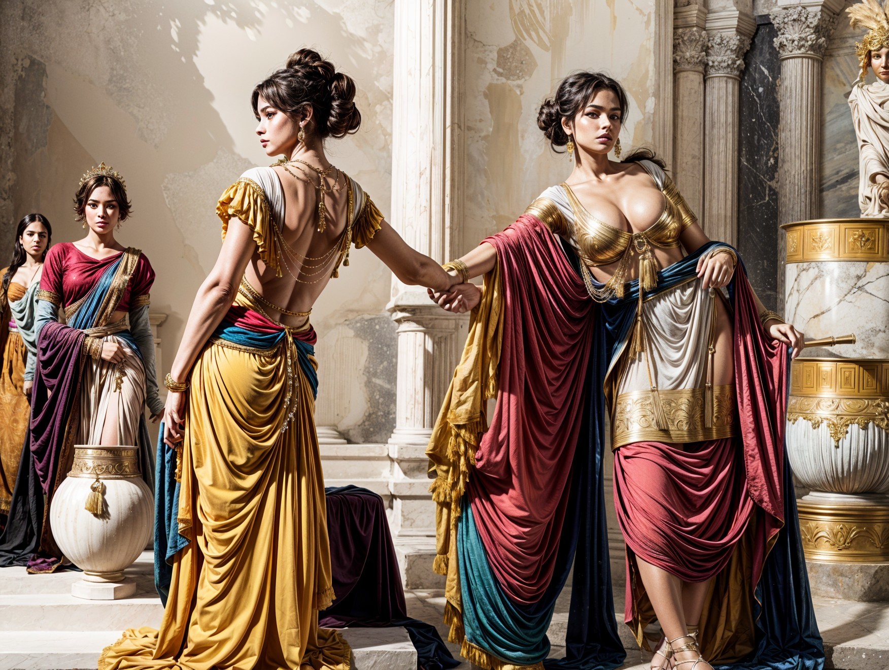 Elegantly Dressed Women in Grand Classical Setting